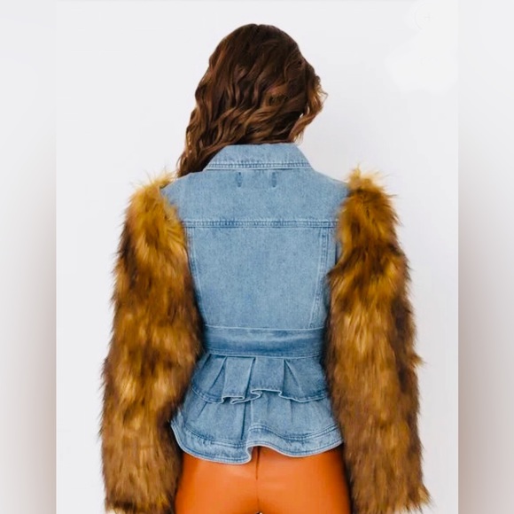 New Portugal Denim Faux Fur Arm Jacket, Blue Denim, Fluffy Arms, Western Cowboy - Picture 3 of 5